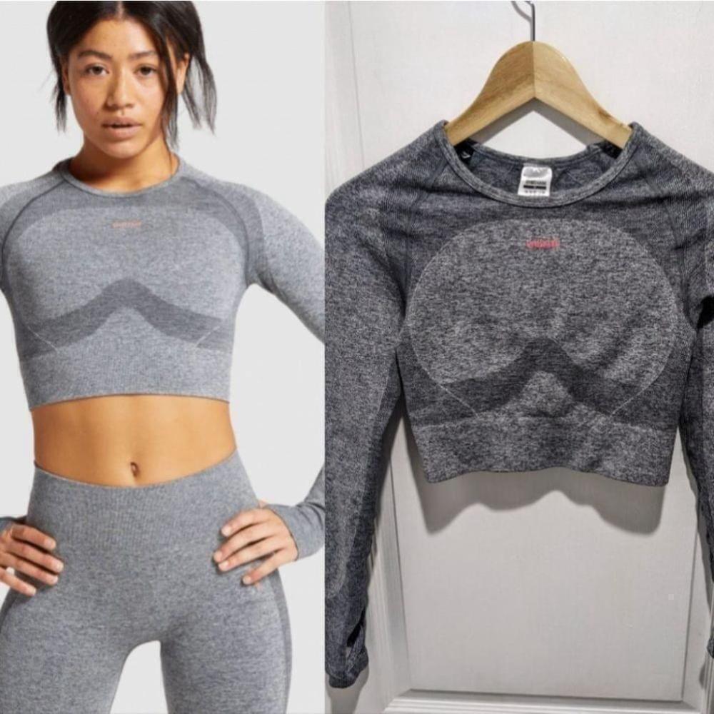 Gymshark | Flex Sports Long Sleeve Crop Top in Charcoal Marl/Pink